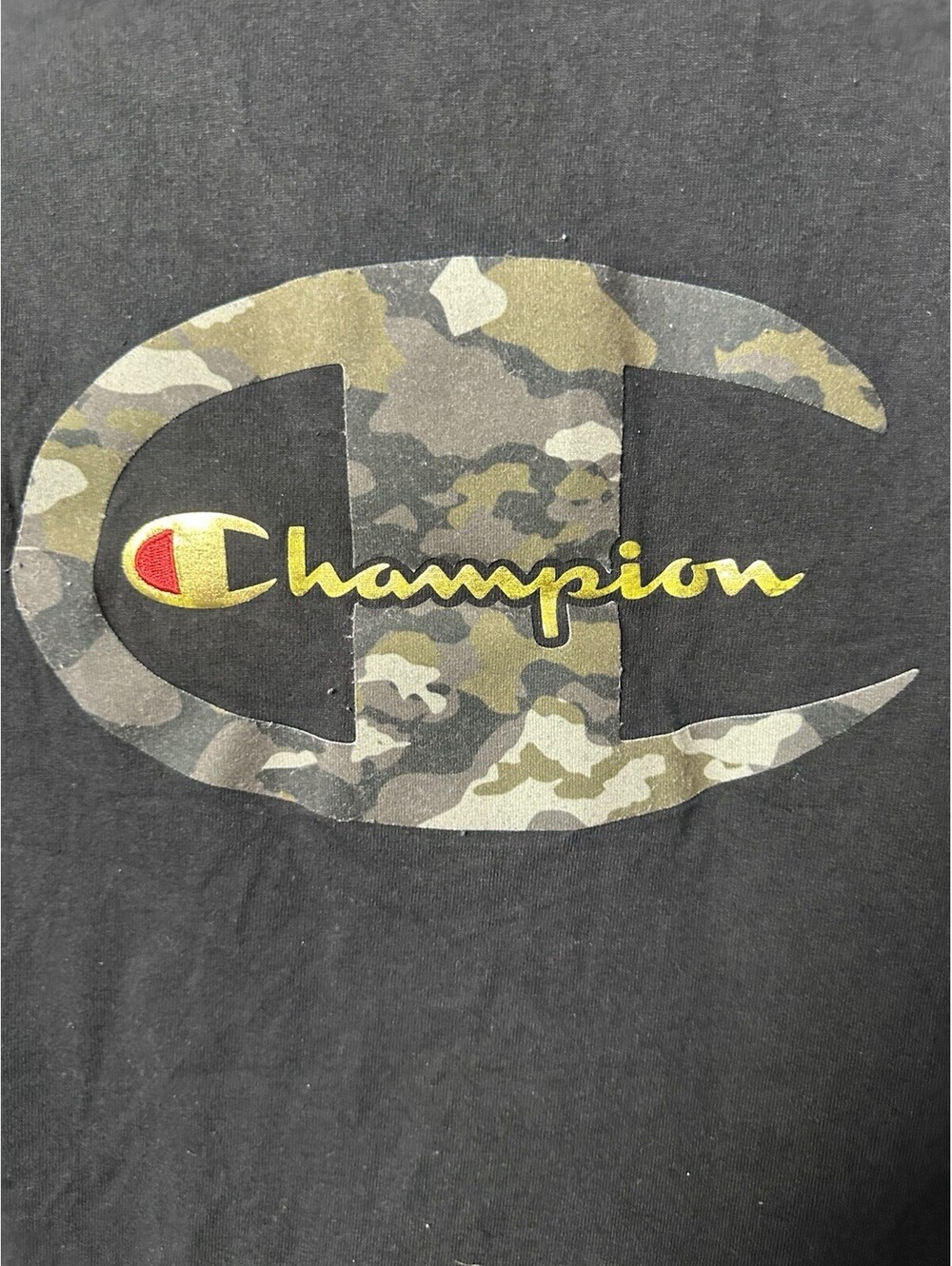 Vintage Y2K Champion T Shirt Large Camo Big Logo Spellout Black Streetwear L